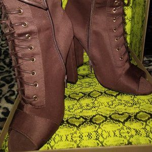 Brown pep toe, lace-up ankle bootie